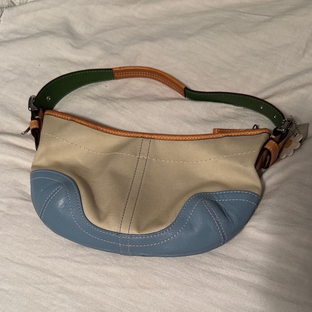 Coach Cream and Light Blue Canvas & Leather Shoulder Bag with Green Strap